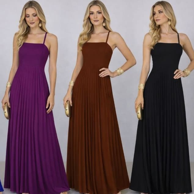 Vestido Longo Plissado Feminino Alça Fina e Amarração nas Costas e Bojo Casamento Formaturas Festas