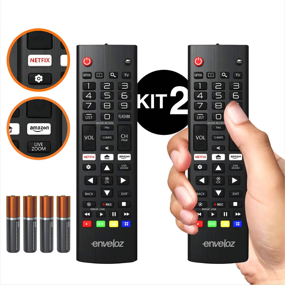 Kit 2 Controle Remoto Para Tv LG Smart 4k Lcd Hd Oled Com Pilhas Netflix Amazon Prime Universal Compatível Akb73975709 Akb75095308 Akb73715601 8035 7045 Atacado
