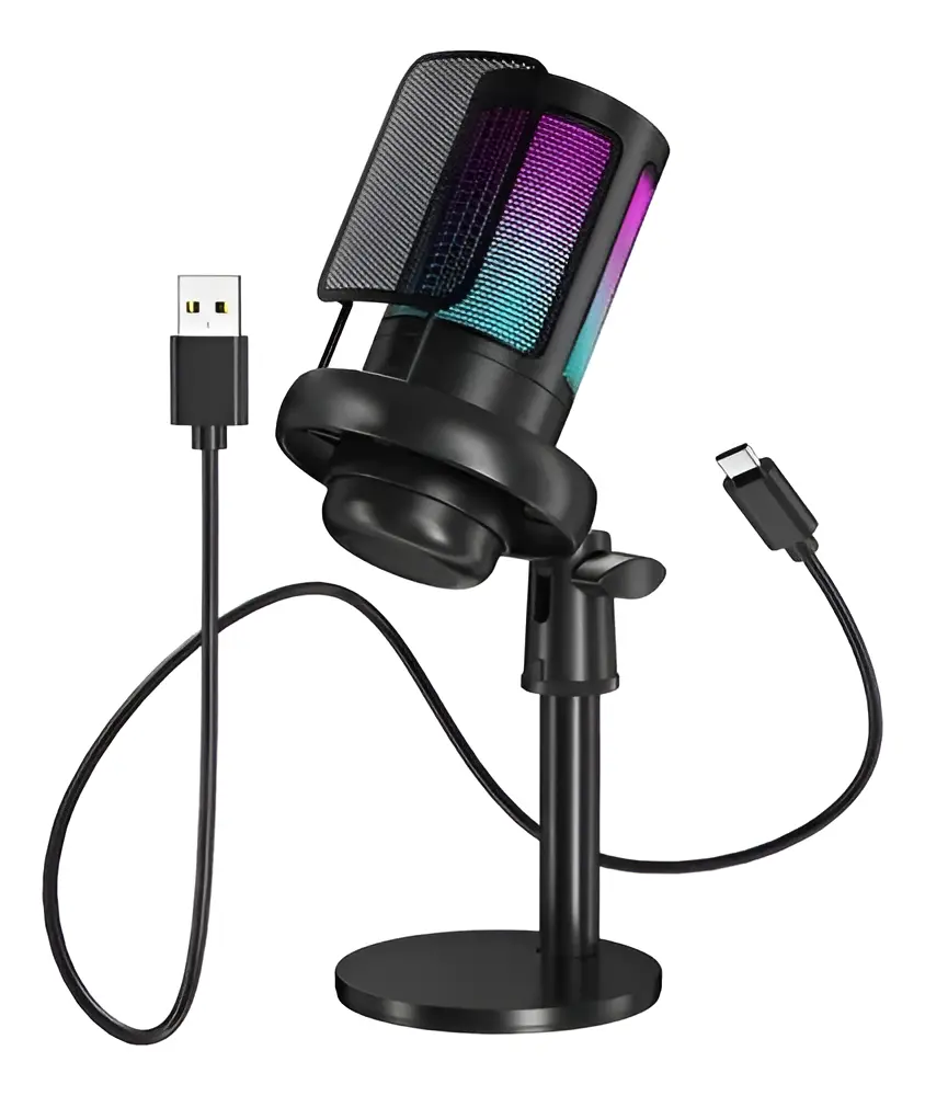 Microfone Gamer Condensador TOMATE Mt-1060r Me6s Profissional Rgb Usb Para Pc Gaming, Mesa E Streaming Compatível Com Windows, Mac, Ps4, Ps5 Alta Sensibilidade E Qualidade De Som Preto